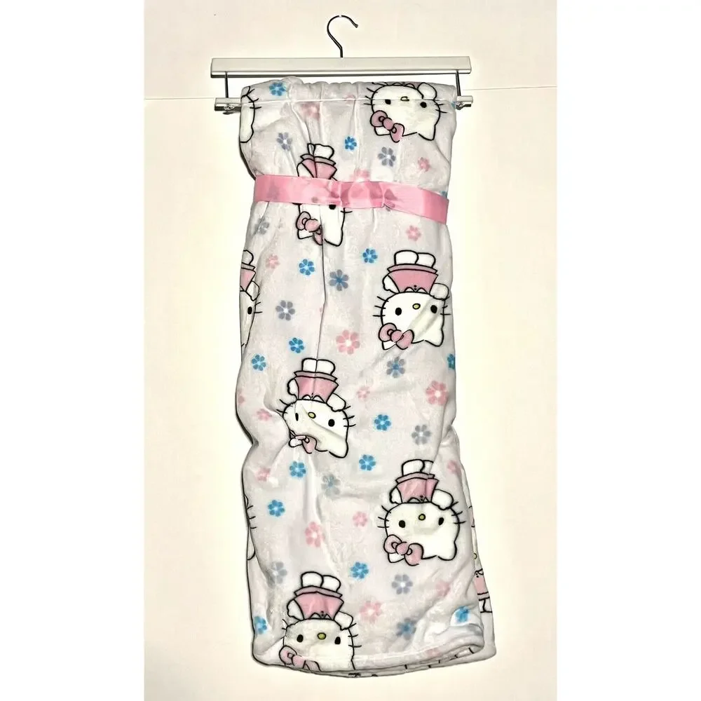Hello Kitty Throw Blanket Spring Blue Pink Flowers Plush Fleece 50 X 70” Easter